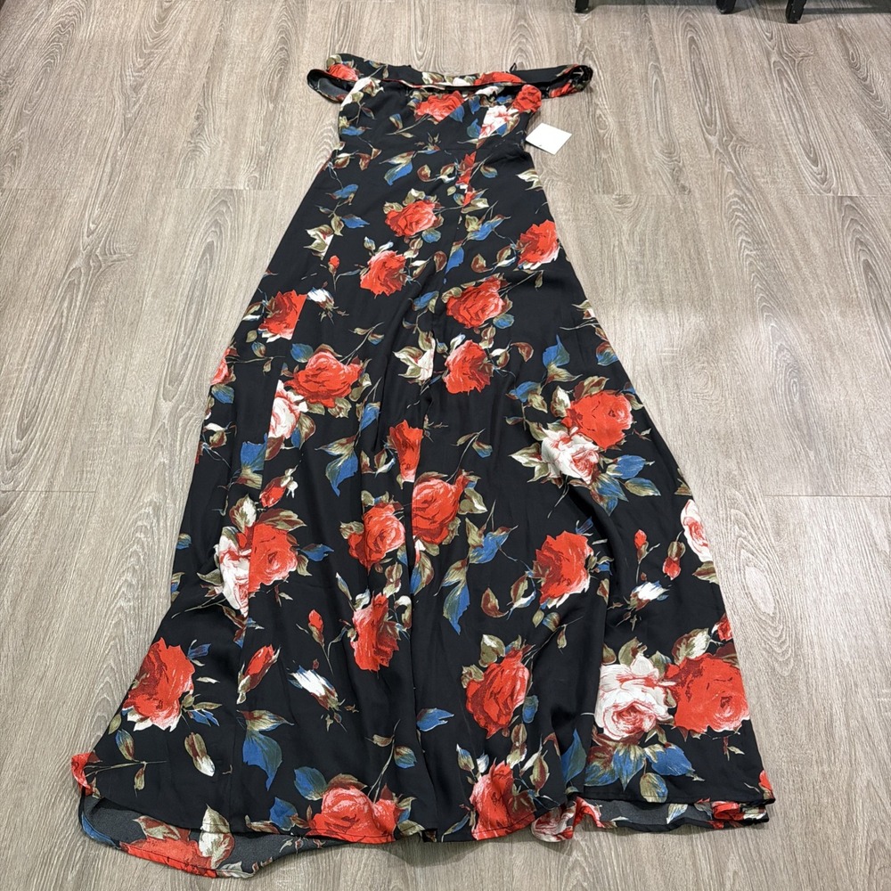 Lulus Black Red Floral Off The Shoulder Maxi Dress Medium Size Party Holiday NEW